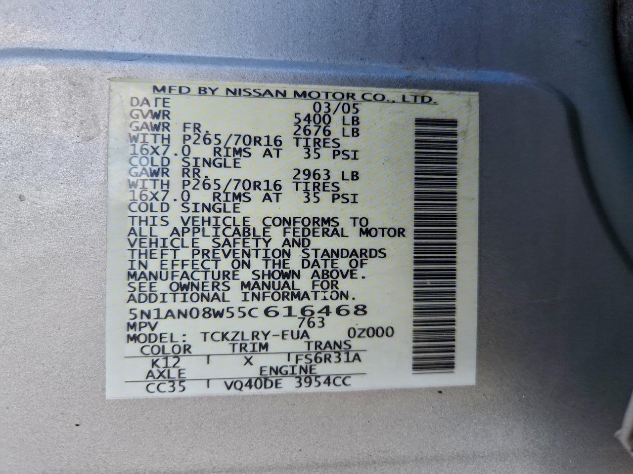 2005 Nissan Xterra Off Road VIN: 5N1AN08W55C616468 Lot: 94393695