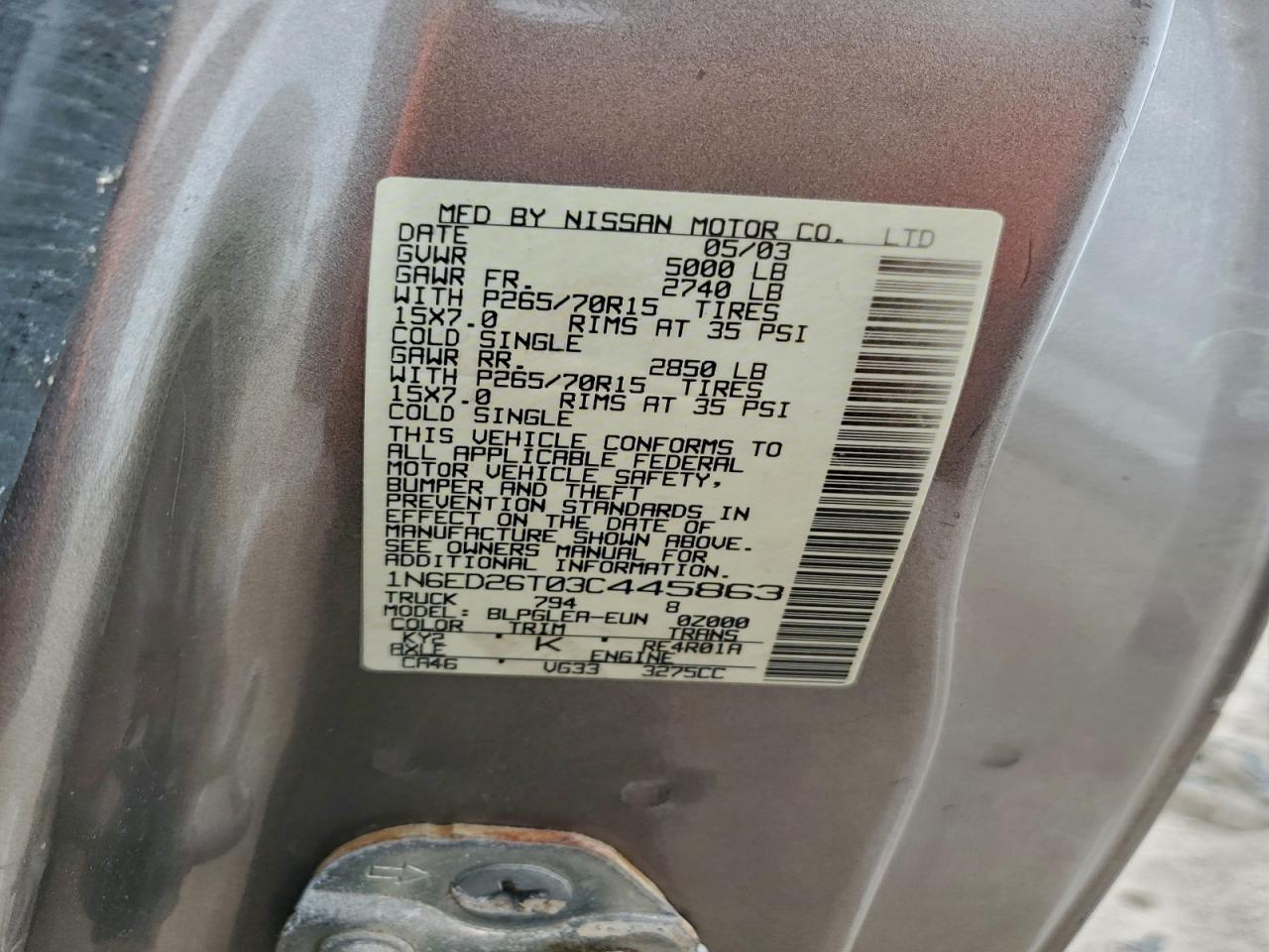 2003 Nissan Frontier King Cab Xe VIN: 1N6ED26T03C445863 Lot: 95311895