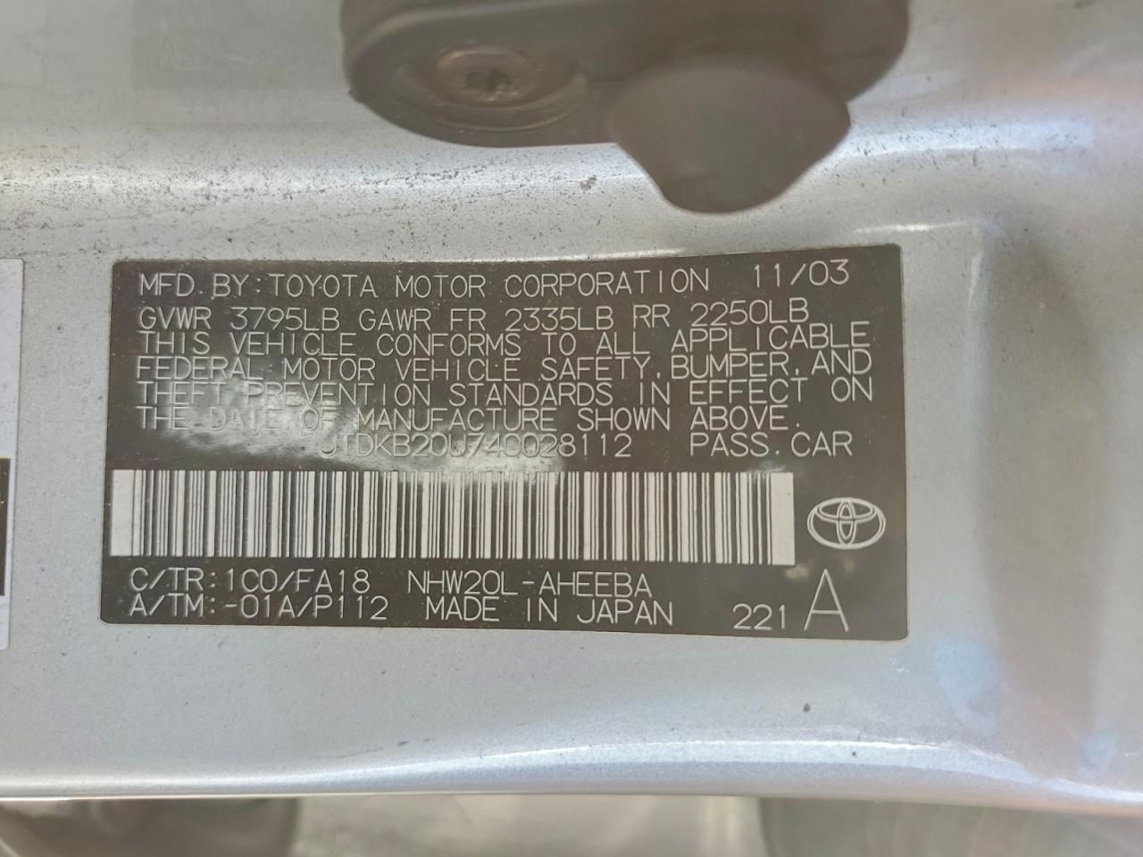 2004 Toyota Prius VIN: JTDKB20U740028112 Lot: 95799615