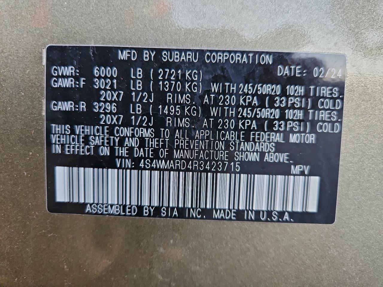 2024 Subaru Ascent Limited VIN: 4S4WMARD4R3423715 Lot: 94696685