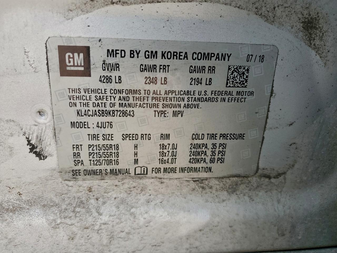 2019 Buick Encore Preferred VIN: KL4CJASB9KB728643 Lot: 95111765