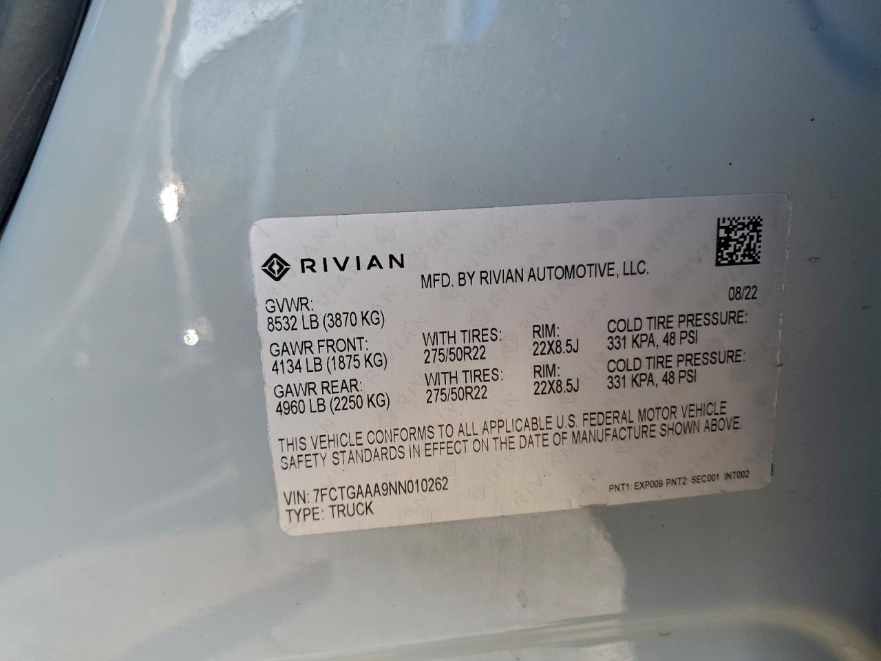 2022 Rivian R1T Adventure VIN: 7FCTGAAA9NN010262 Lot: 94784865