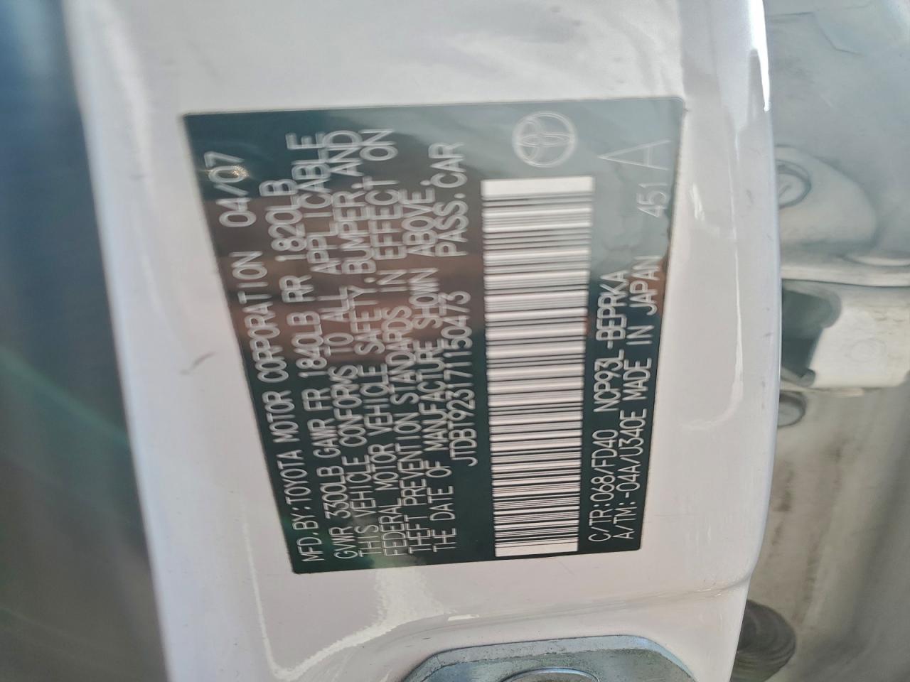 2007 Toyota Yaris VIN: JTDBT923171150473 Lot: 94932395