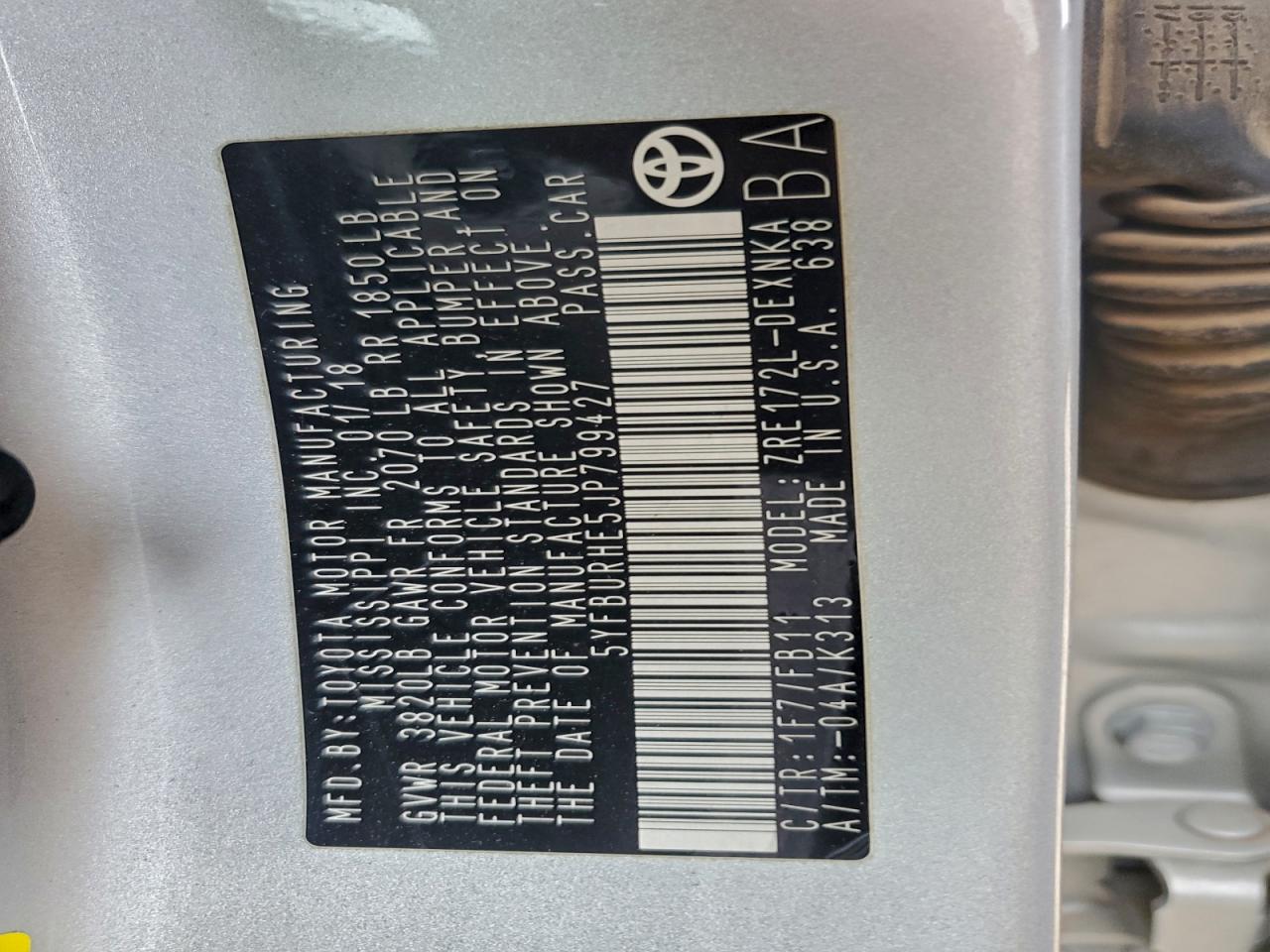 2018 Toyota Corolla L VIN: 5YFBURHE5JP799427 Lot: 94647875