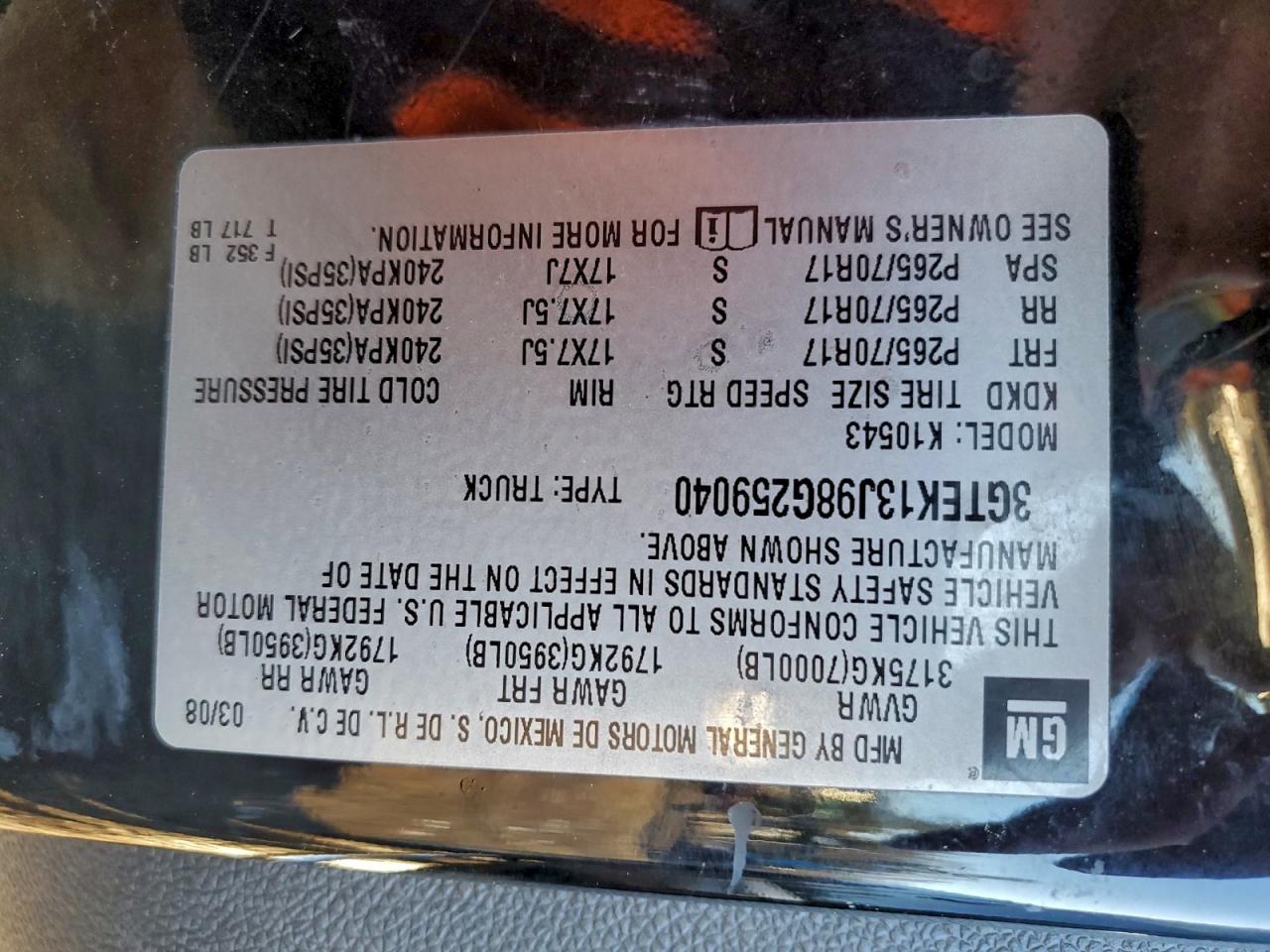 2008 GMC Sierra K1500 VIN: 3GTEK13J98G259040 Lot: 96450235