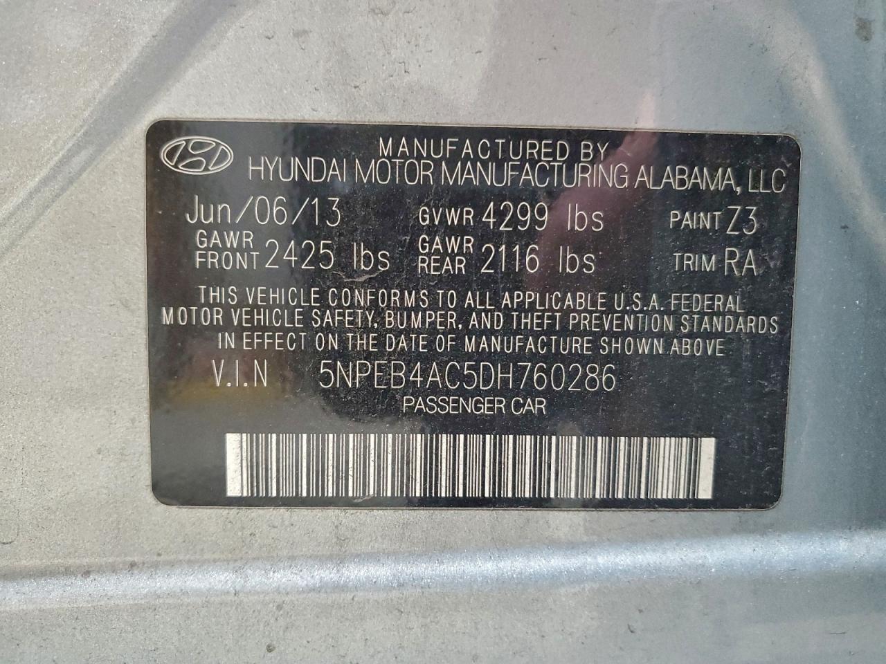 2013 Hyundai Sonata Gls VIN: 5NPEB4AC5DH760286 Lot: 96038015