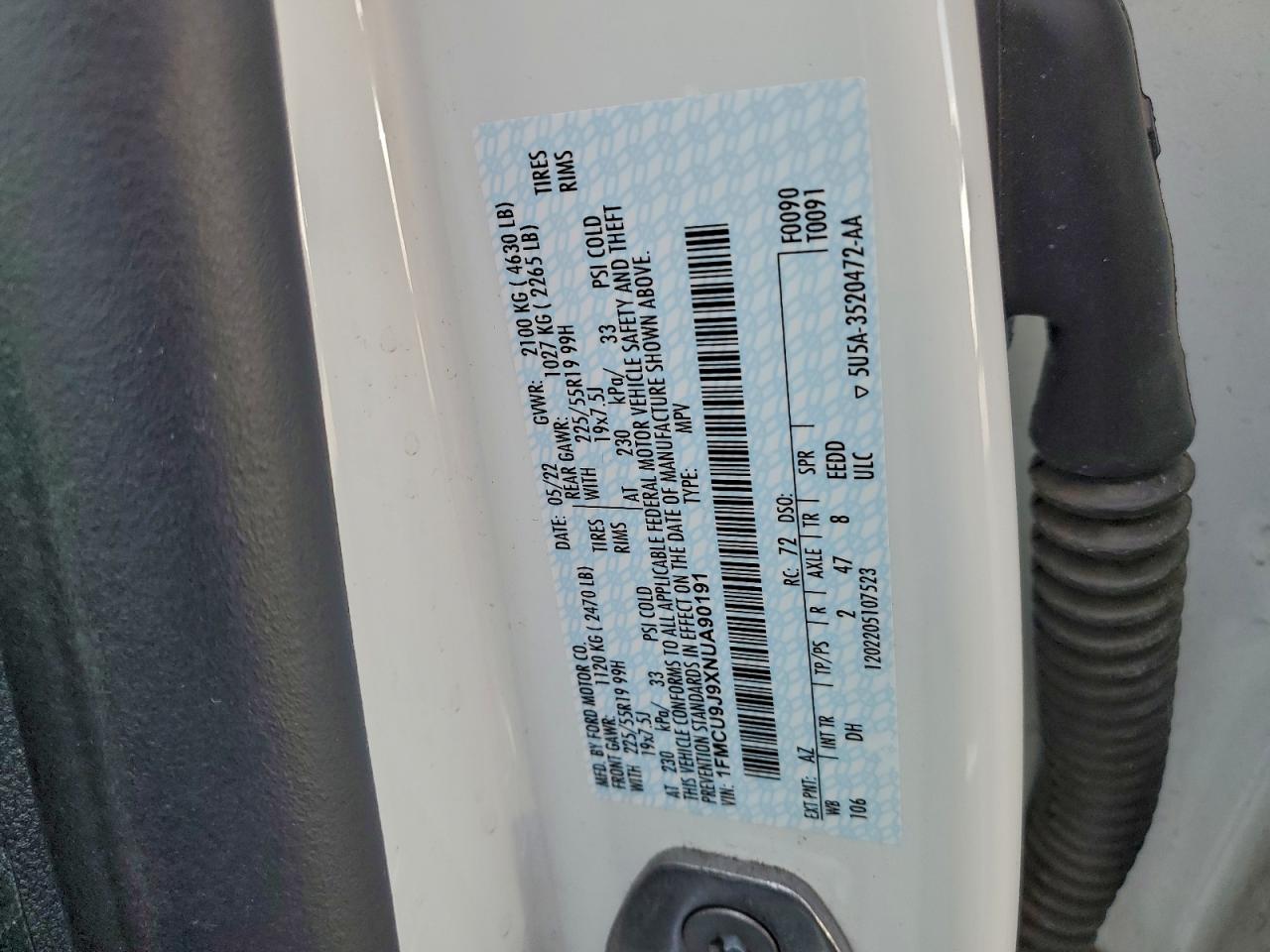 2022 Ford Escape Titanium VIN: 1FMCU9J9XNUA90191 Lot: 94379405