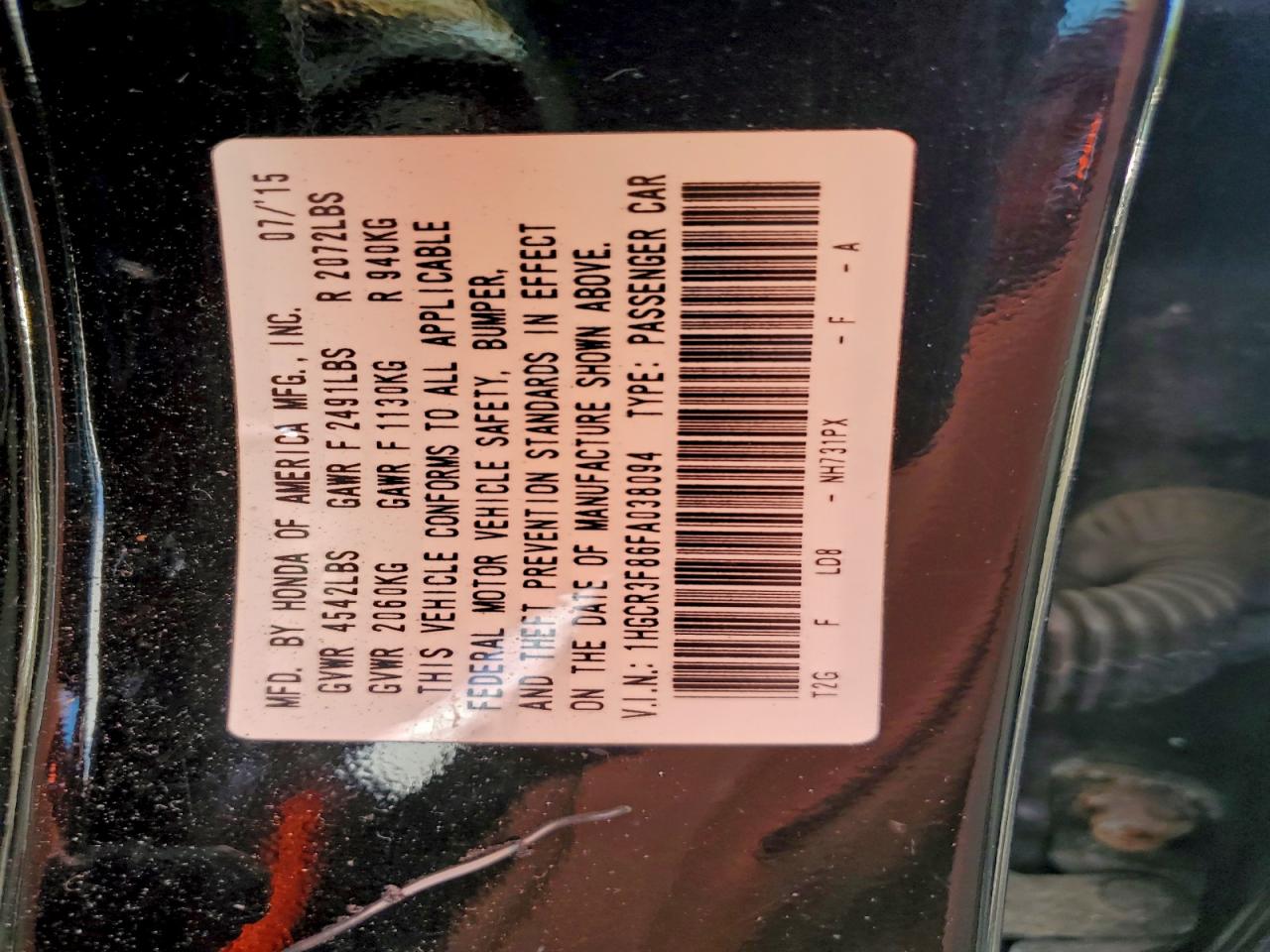 2015 Honda Accord Exl VIN: 1HGCR3F86FA038094 Lot: 95471305