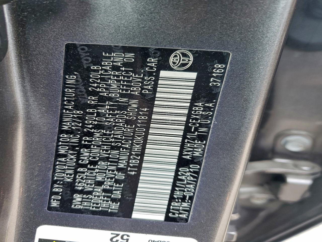 2019 Toyota Camry Hybrid VIN: 4T1B21HK0KU011814 Lot: 95781185