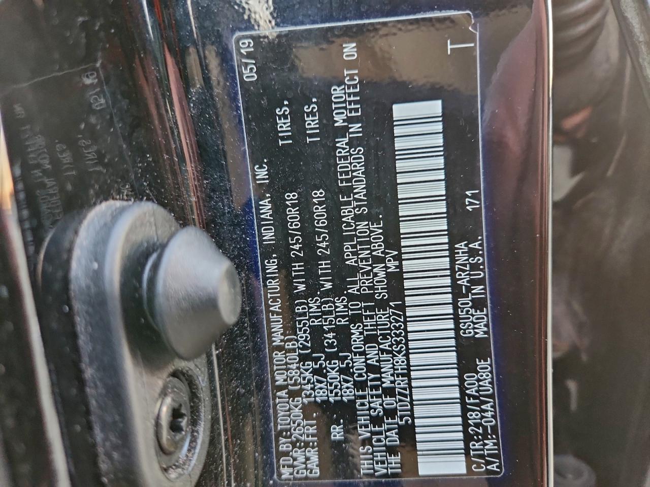 2019 Toyota Highlander Le VIN: 5TDZZRFH8KS333271 Lot: 96437655