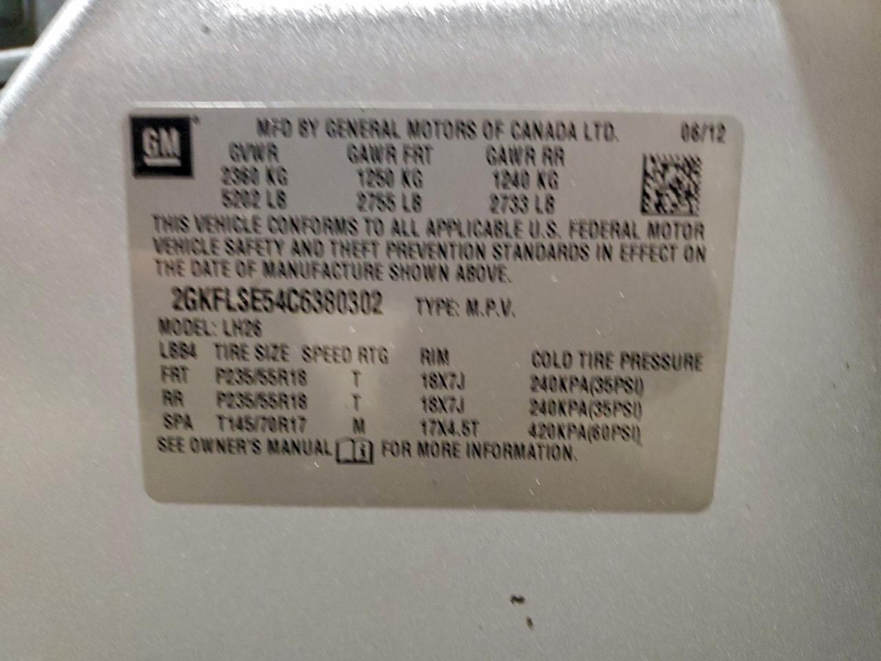 2012 GMC Terrain Sle VIN: 2GKFLSE54C6380302 Lot: 95855015