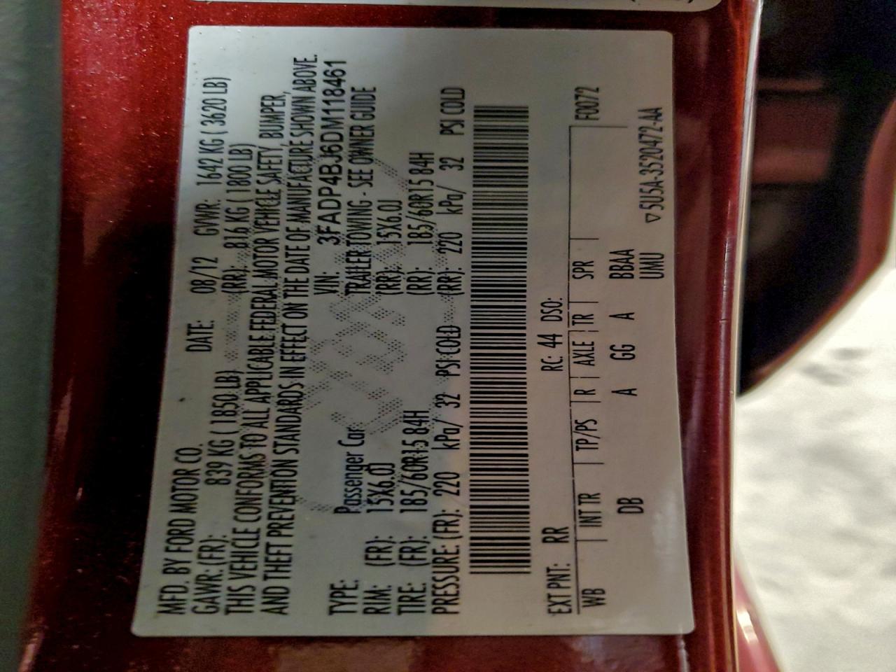 2013 Ford Fiesta Se VIN: 3FADP4BJ6DM118461 Lot: 95460785