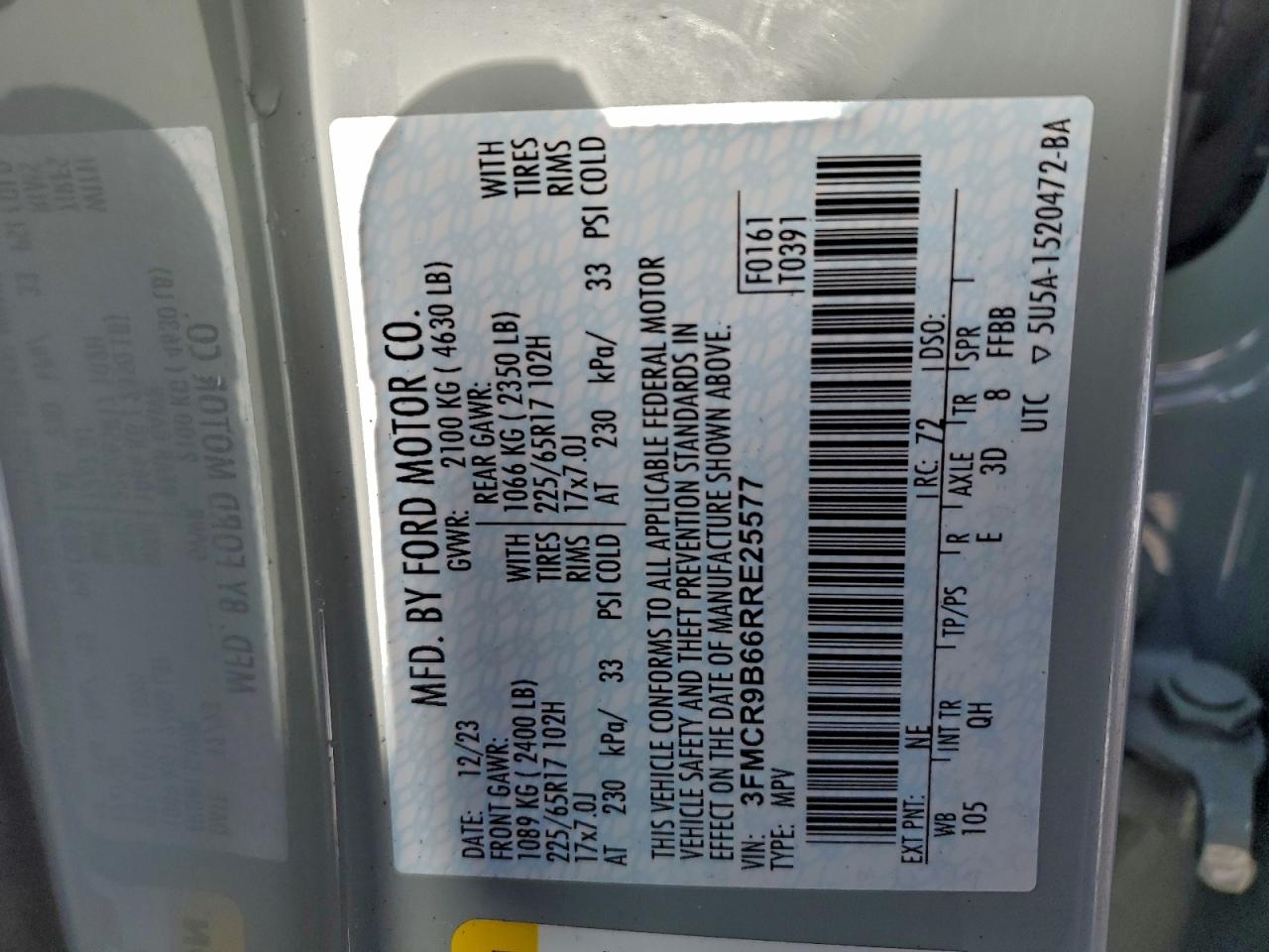 2024 Ford Bronco Sport Big Bend VIN: 3FMCR9B66RRE25577 Lot: 95417505