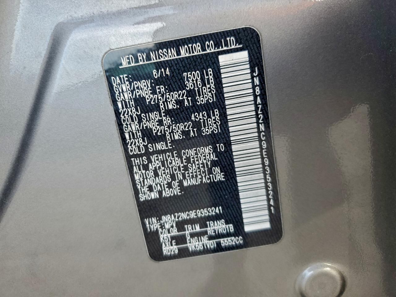 2014 Infiniti Qx80 VIN: JN8AZ2NC9E9353241 Lot: 95076095