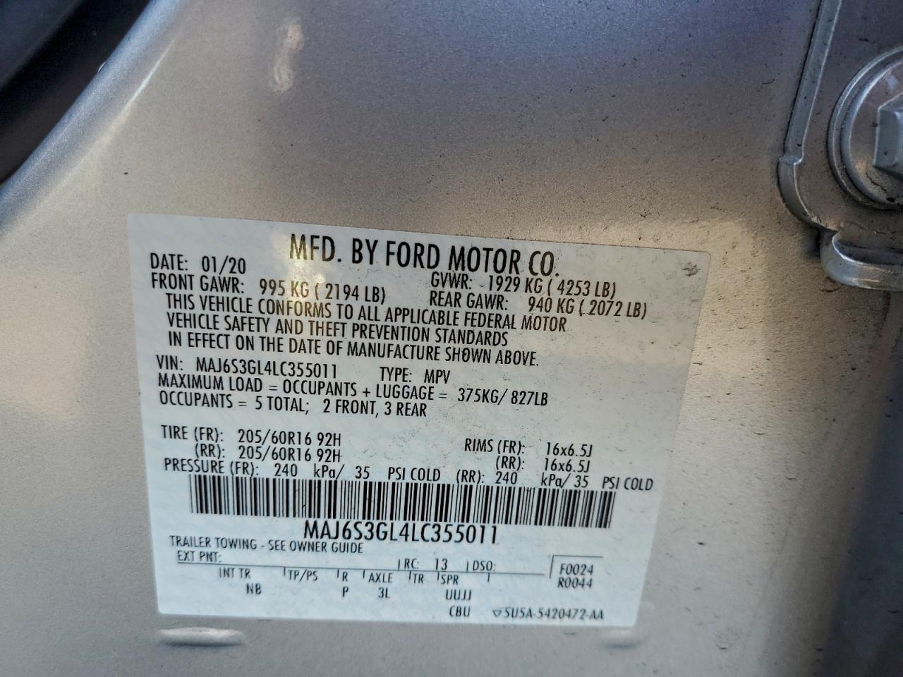 2020 Ford Ecosport Se VIN: MAJ6S3GL4LC355011 Lot: 94894215