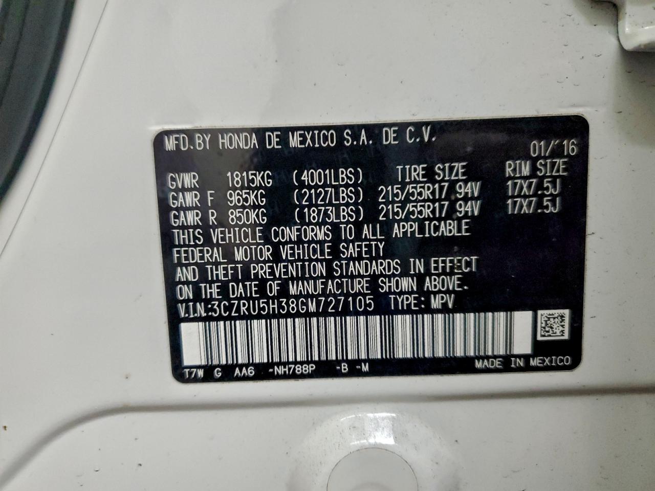 2016 Honda Hr-V Lx VIN: 3CZRU5H38GM727105 Lot: 95244955