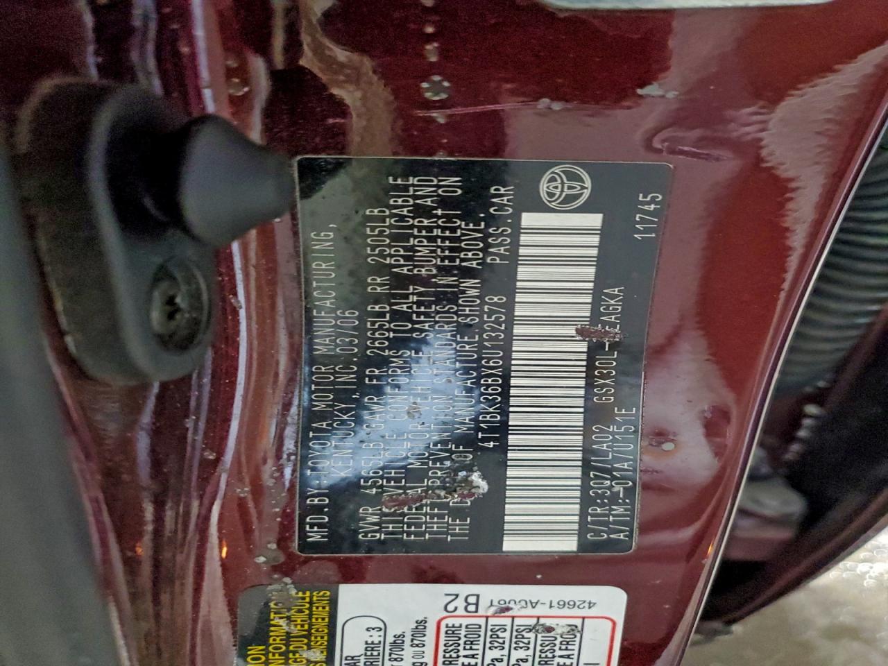 2006 Toyota Avalon Xl VIN: 4T1BK36BX6U132578 Lot: 95987315