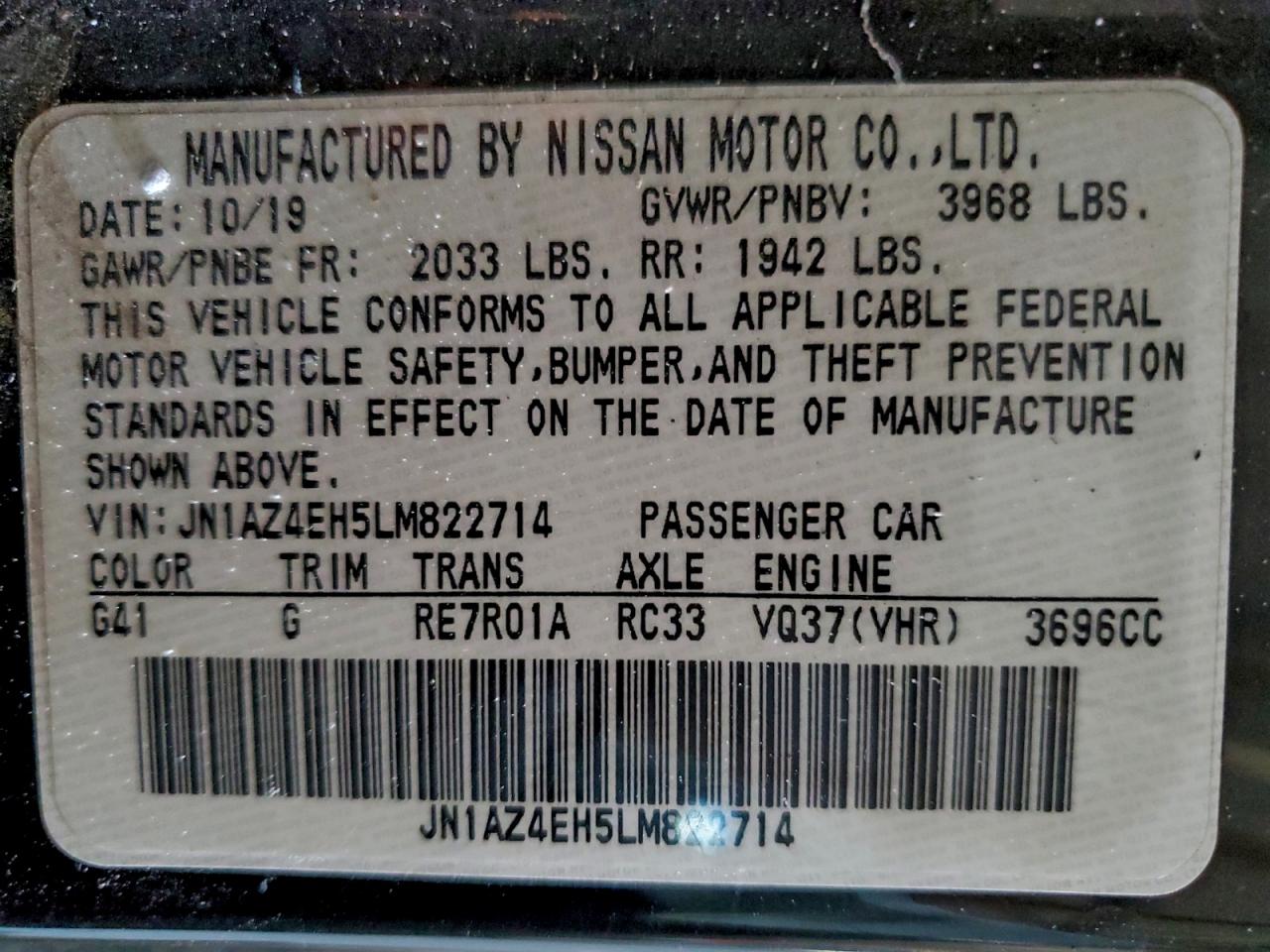 2020 Nissan 370Z Base VIN: JN1AZ4EH5LM822714 Lot: 94160905