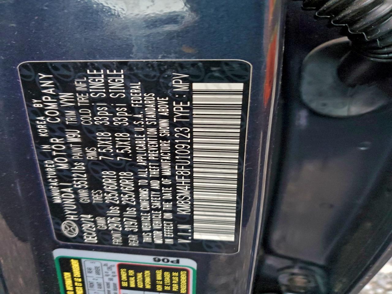 2015 Hyundai Santa Fe Gls VIN: KM8SM4HF8FU109123 Lot: 93238545