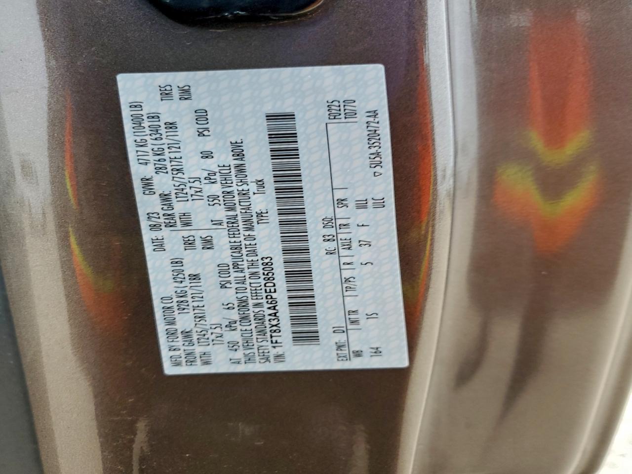 2023 Ford F350 Super Duty VIN: 1FT8X3AA6PED85083 Lot: 94413525