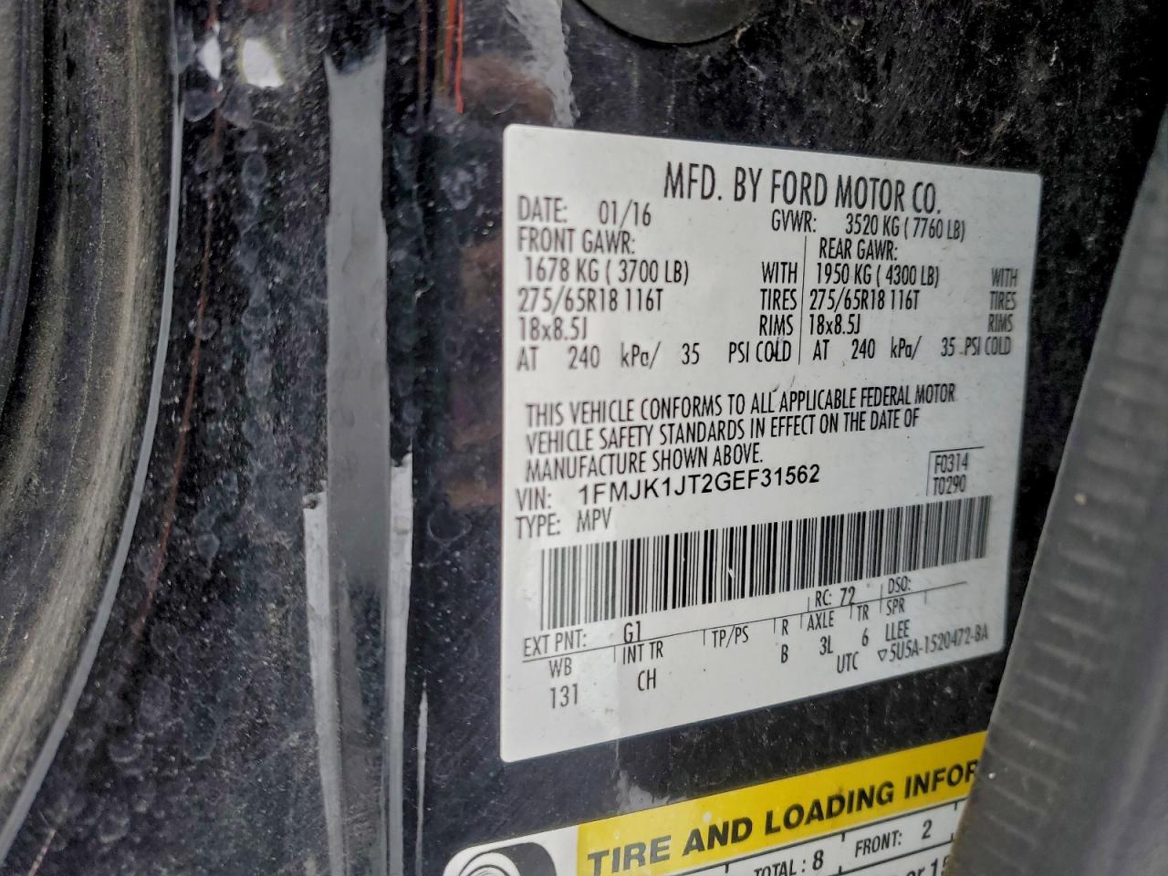 2016 Ford Expedition El Xlt VIN: 1FMJK1JT2GEF31562 Lot: 94924535