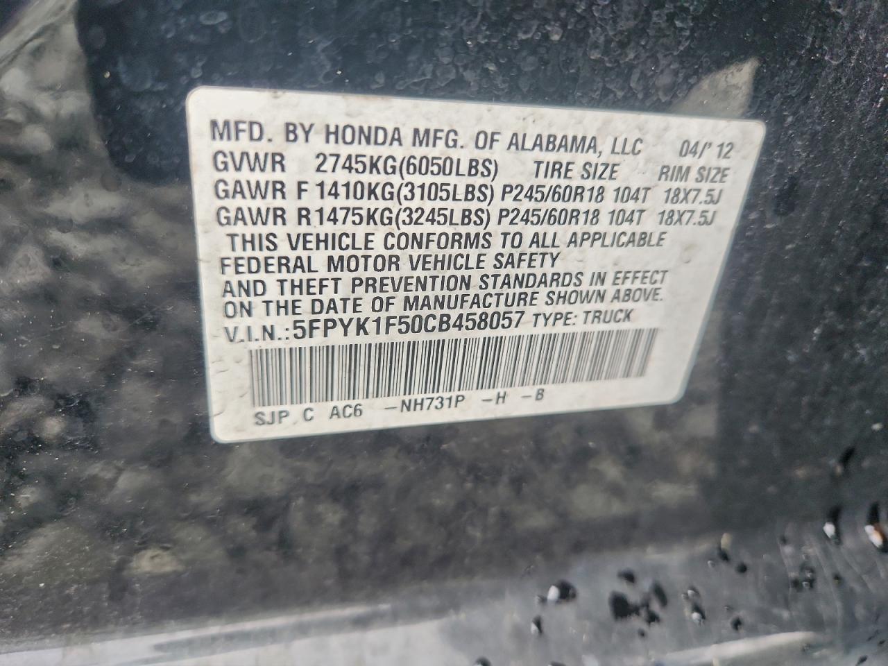 2012 Honda Ridgeline Rtl VIN: 5FPYK1F50CB458057 Lot: 95838045