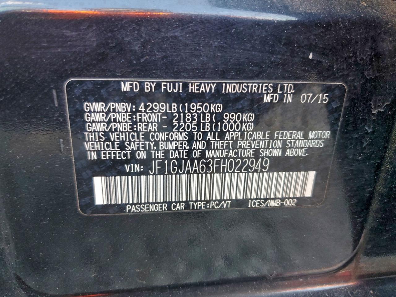 2015 Subaru Impreza VIN: JF1GJAA63FH022949 Lot: 96548925