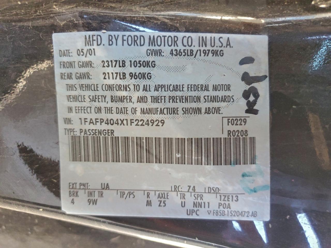 2001 Ford Mustang VIN: 1FAFP404X1F224929 Lot: 95775435