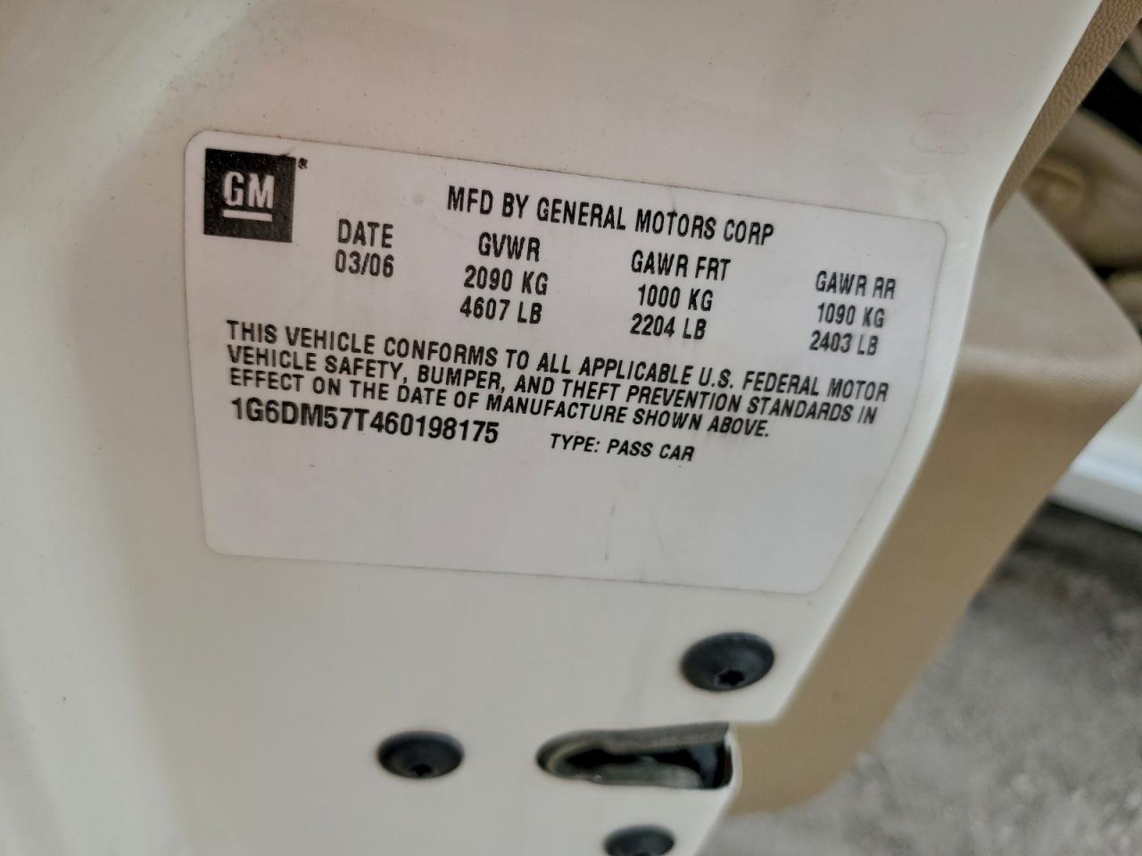 2006 Cadillac Cts VIN: 1G6DM57T460198175 Lot: 95071685