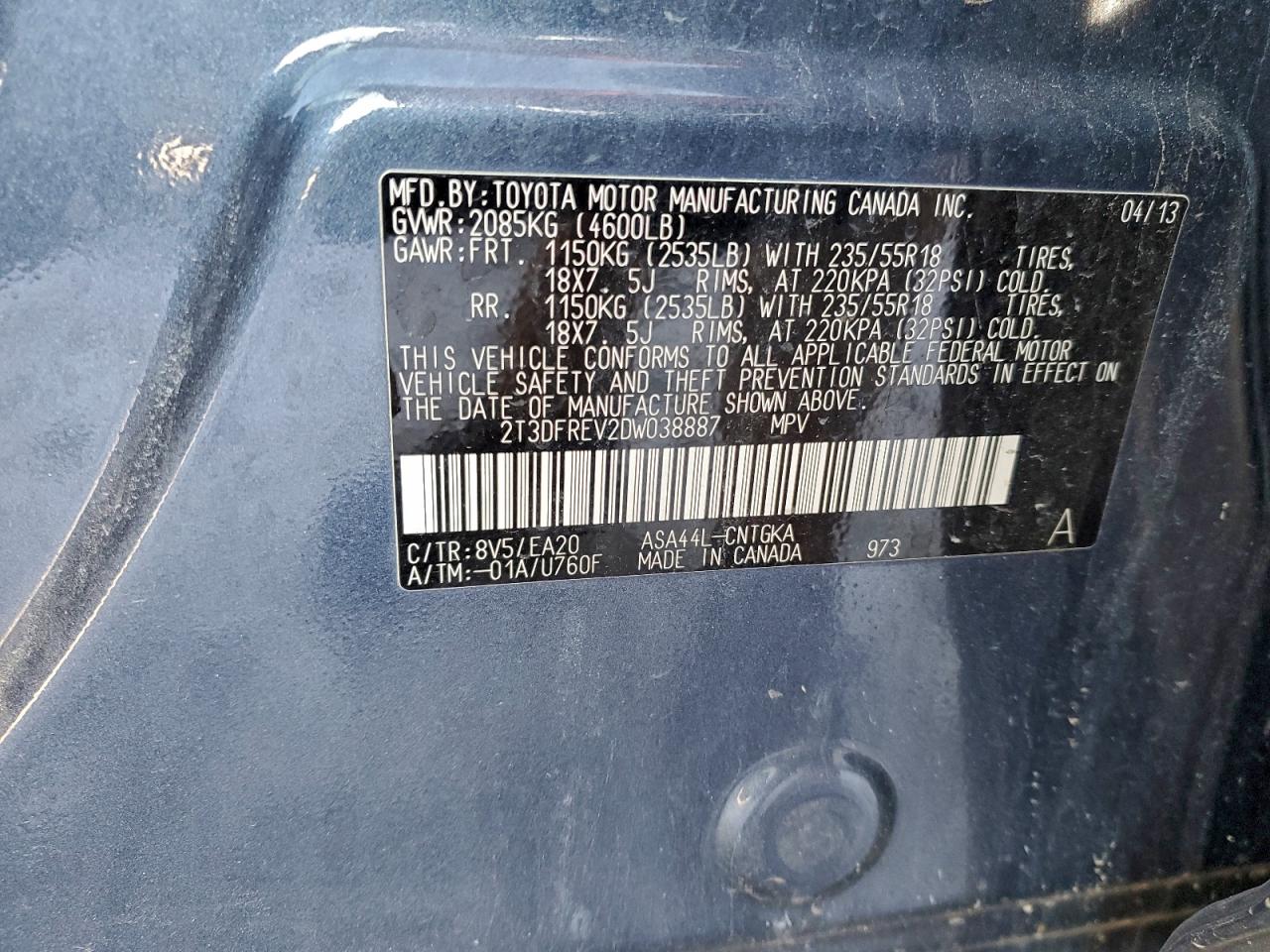 2013 Toyota Rav4 Limited VIN: 2T3DFREV2DW038887 Lot: 94826395