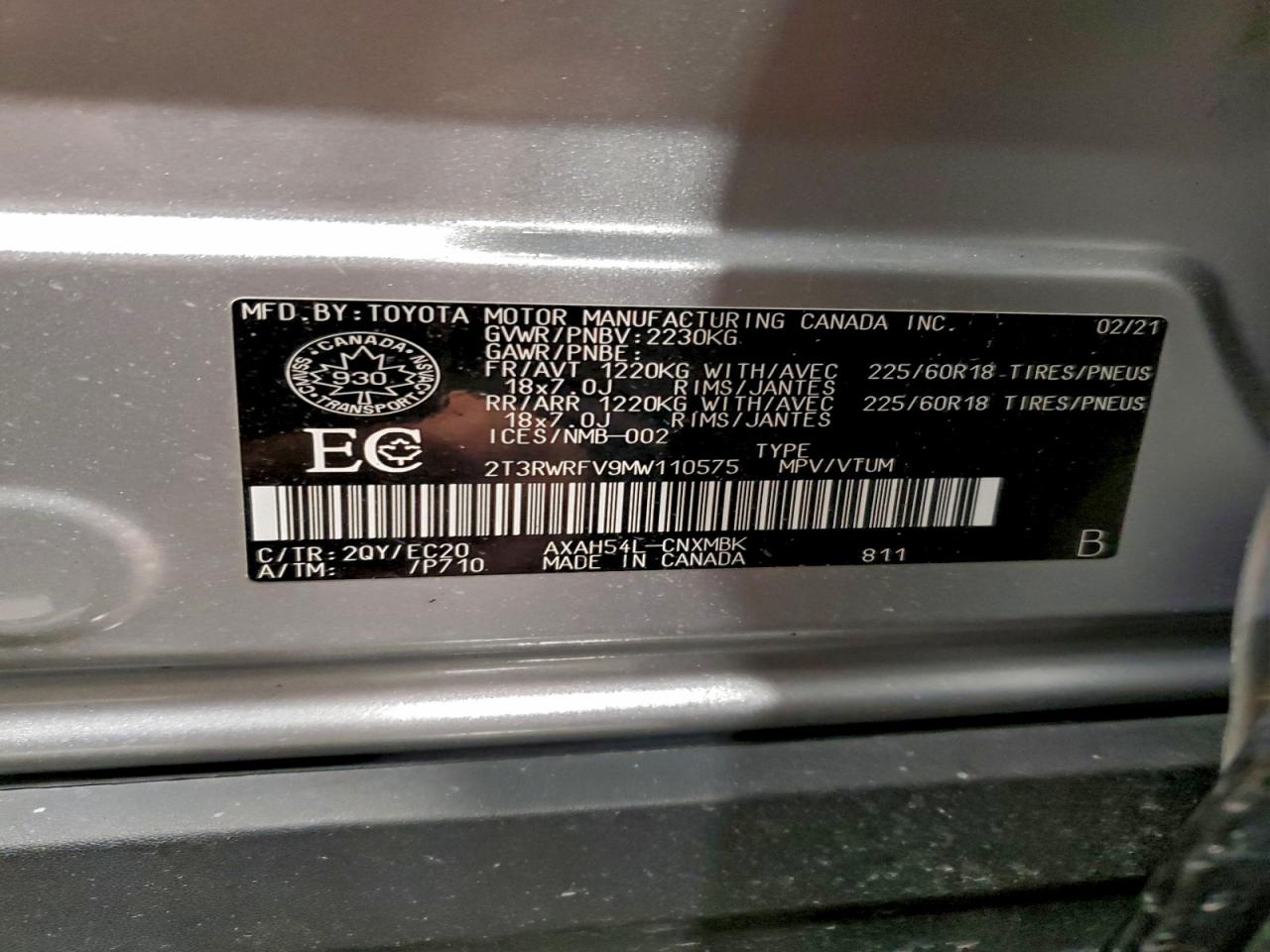 2021 Toyota Rav4 Xle VIN: 2T3RWRFV9MW110575 Lot: 95057615