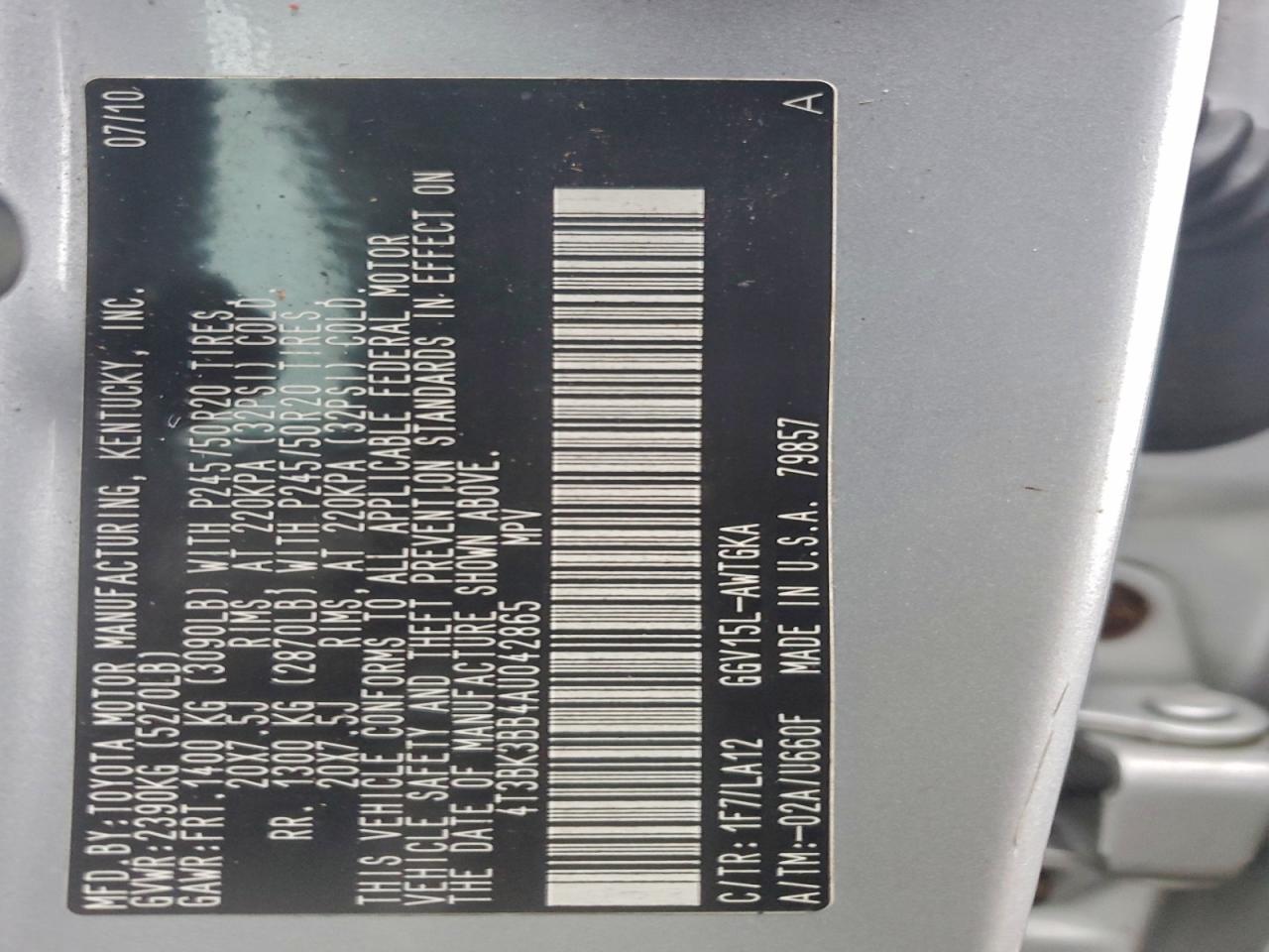 2010 Toyota Venza VIN: 4T3BK3BB4AU042865 Lot: 96534945