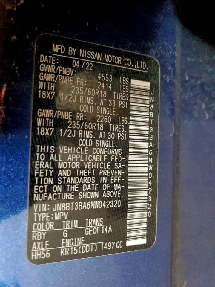 2022 Nissan Rogue Sv VIN: JN8BT3BA6NW042320 Lot: 95029375