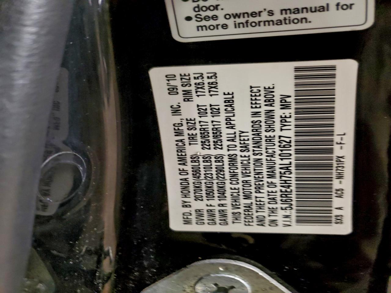 2010 Honda Cr-V Exl VIN: 5J6RE4H75AL101627 Lot: 95434015