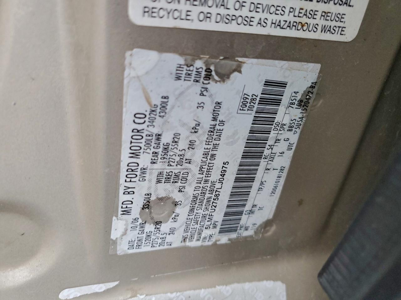 2007 Lincoln Navigator VIN: 5LMFU27587LJ04975 Lot: 95509295