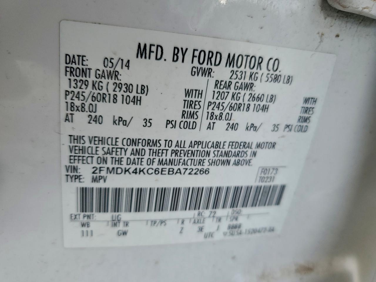 2014 Ford Edge Limited VIN: 2FMDK4KC6EBA72266 Lot: 93244445