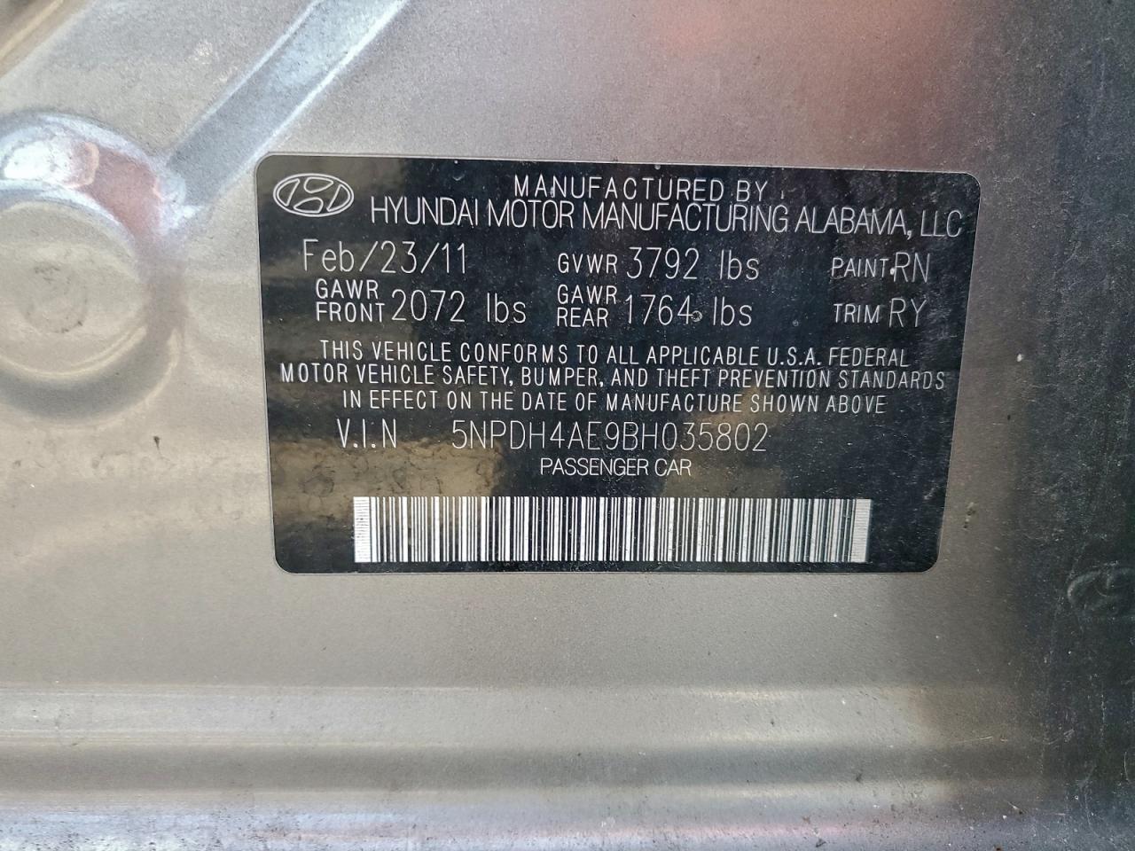 2011 Hyundai Elantra Gls VIN: 5NPDH4AE9BH035802 Lot: 97455605