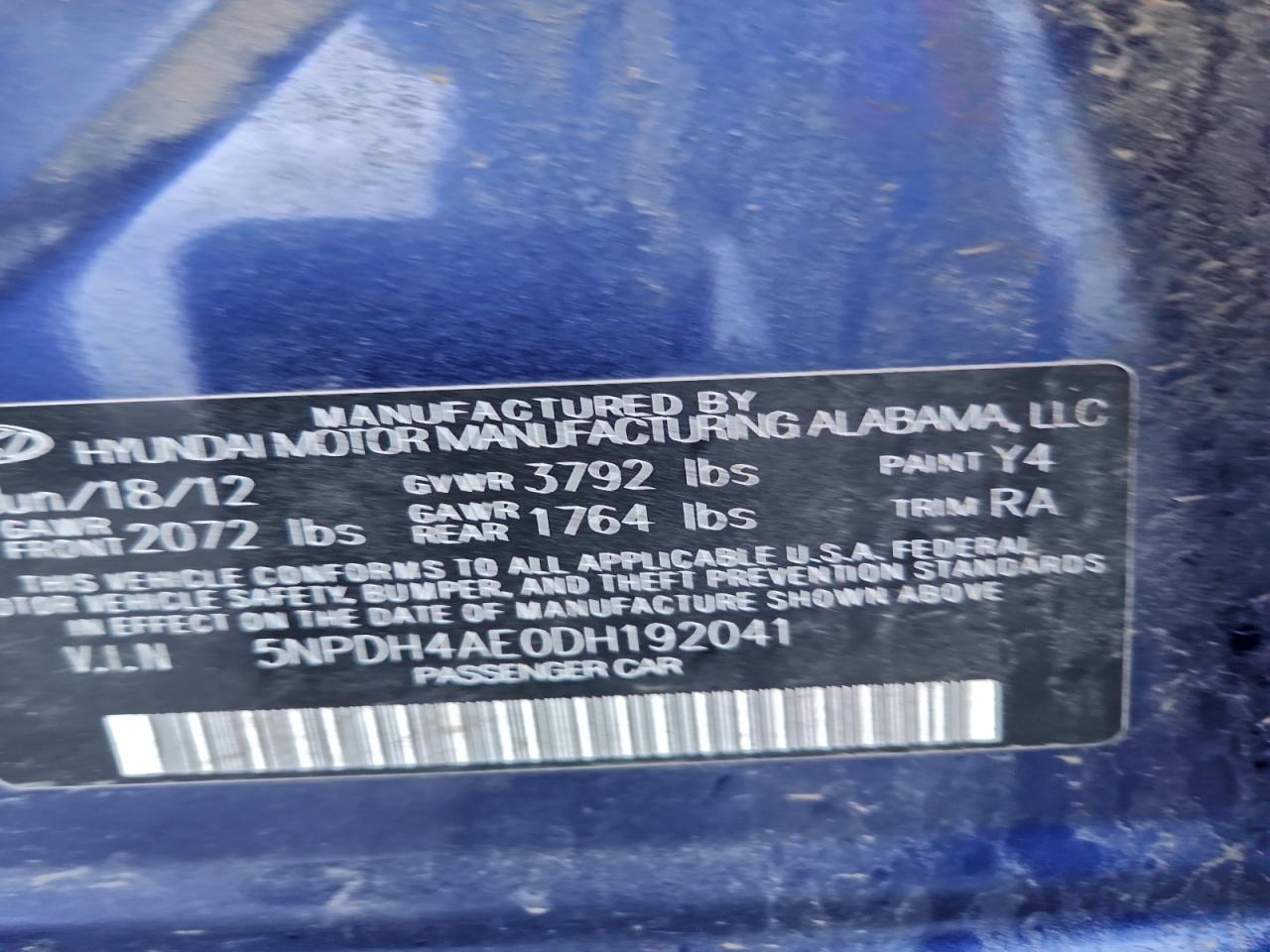 2013 Hyundai Elantra Gls VIN: 5NPDH4AE0DH192041 Lot: 97374625