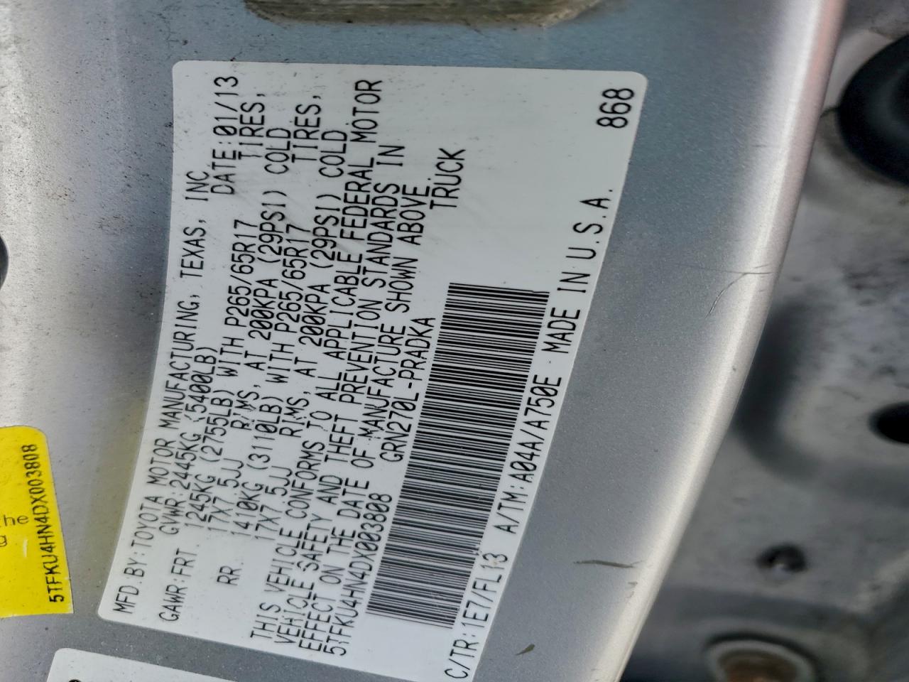 2013 Toyota Tacoma Double Cab Prerunner Long Bed VIN: 5TFKU4HN4DX003808 Lot: 96260785