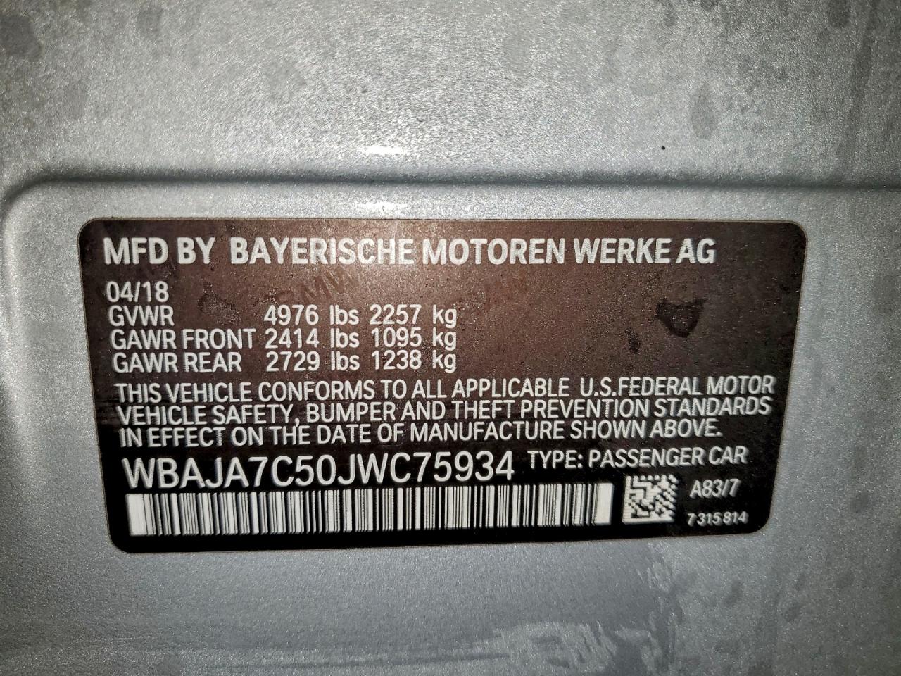 2018 BMW 530 Xi VIN: WBAJA7C50JWC75934 Lot: 93537885