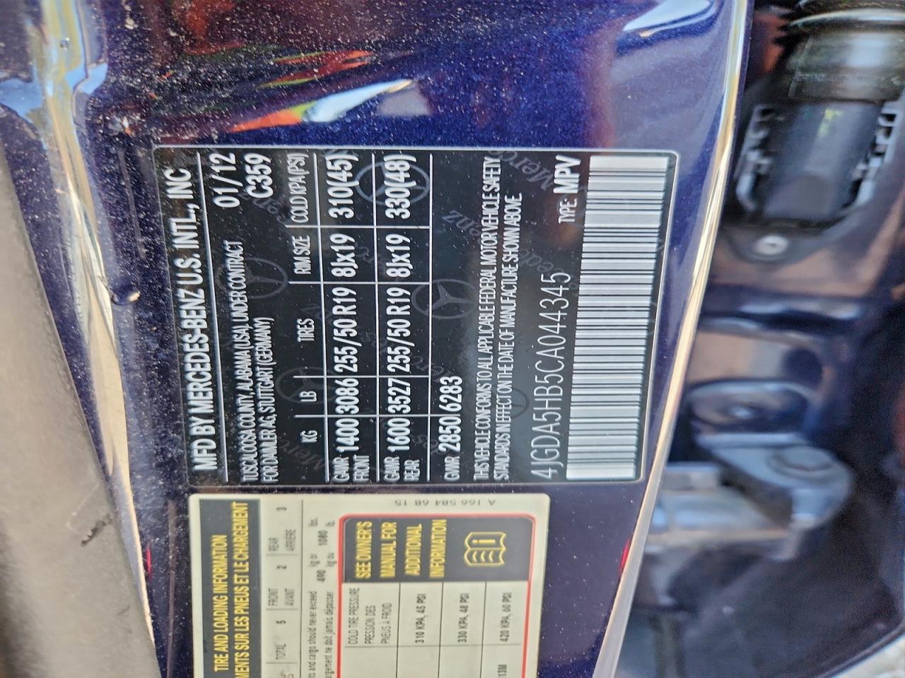 2012 Mercedes-Benz Ml 350 4Matic VIN: 4JGDA5HB5CA044345 Lot: 94550745