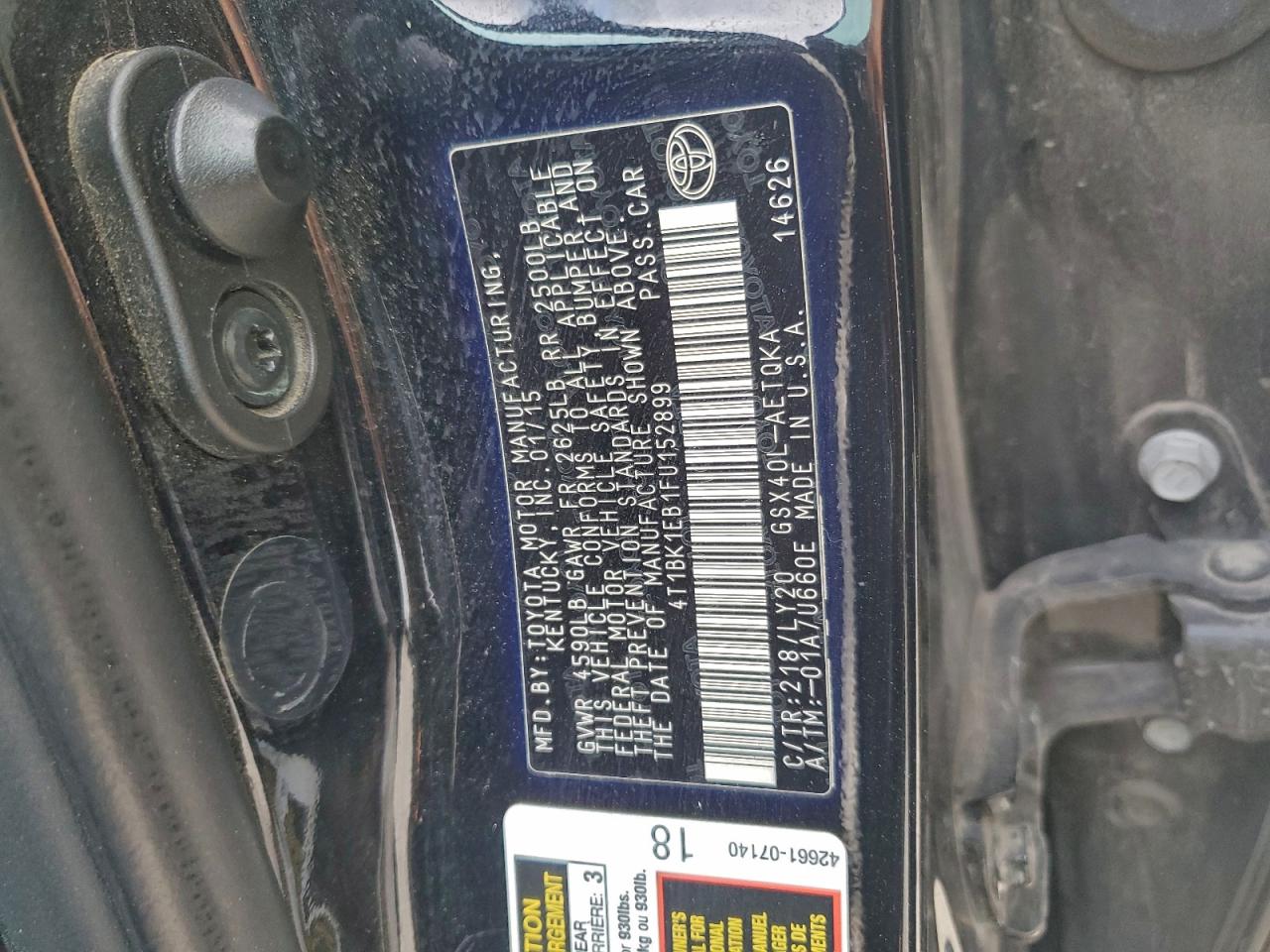 2015 Toyota Avalon Xle VIN: 4T1BK1EB1FU152899 Lot: 94942965