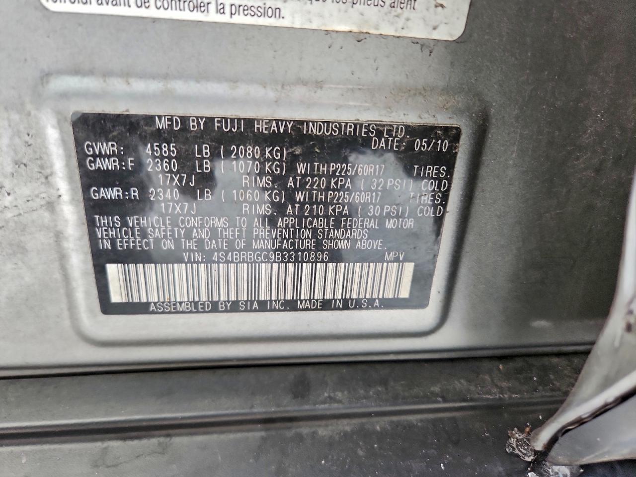 2011 Subaru Outback 2.5I Premium VIN: 4S4BRBGC9B3310896 Lot: 95732775