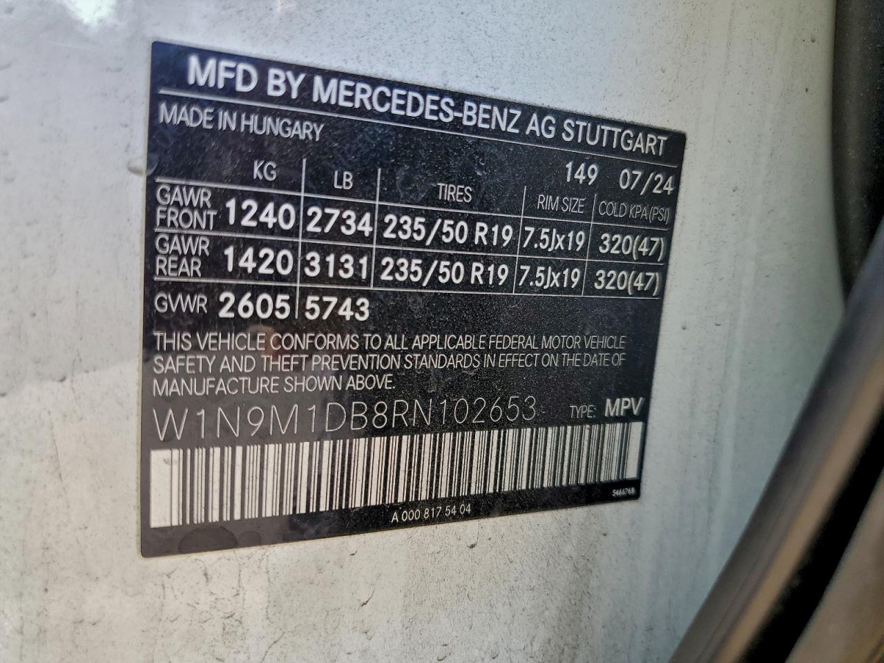 2024 Mercedes-Benz Eqb 350 4Matic VIN: W1N9M1DB8RN102653 Lot: 95698735