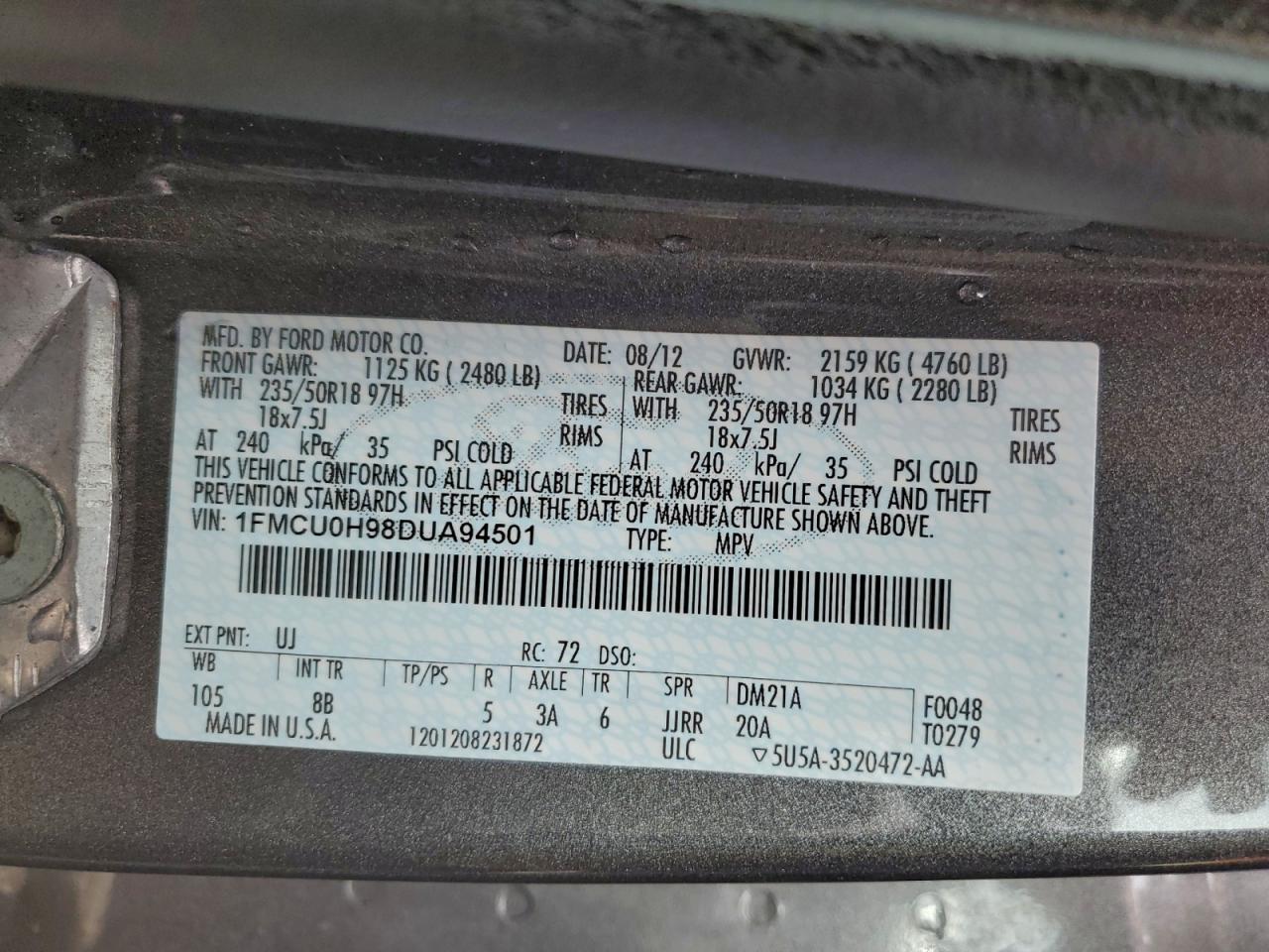 2013 Ford Escape Sel VIN: 1FMCU0H98DUA94501 Lot: 93681905