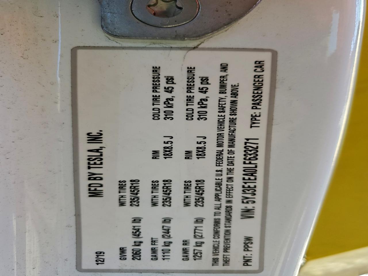 2020 Tesla Model 3 VIN: 5YJ3E1EA0LF633271 Lot: 96072135