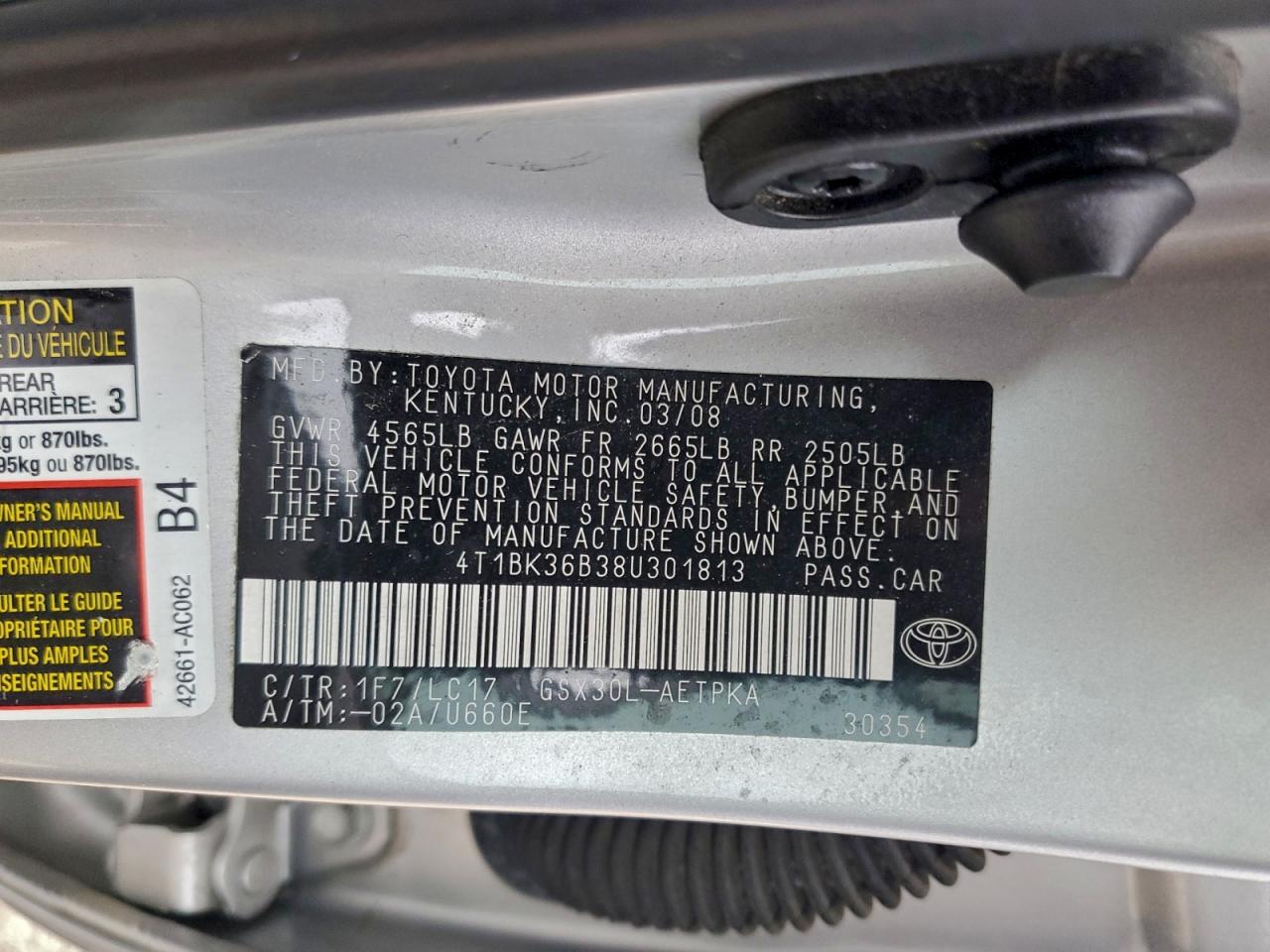 2008 Toyota Avalon Xl VIN: 4T1BK36B38U301813 Lot: 95712365