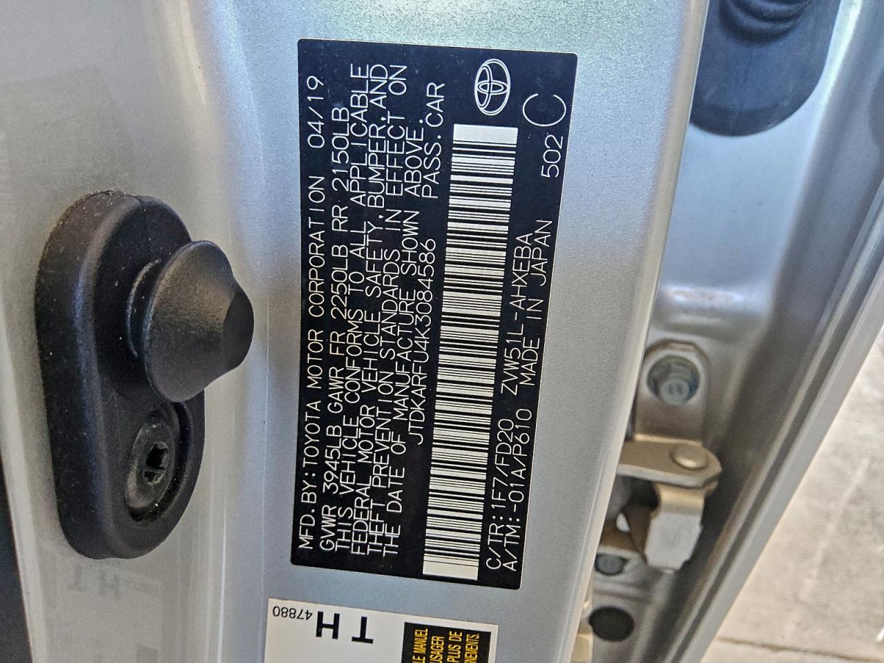 2019 Toyota Prius VIN: JTDKARFU4K3084586 Lot: 93192795