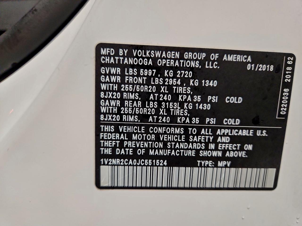 2018 Volkswagen Atlas Sel Premium VIN: 1V2NR2CA0JC551524 Lot: 94973585