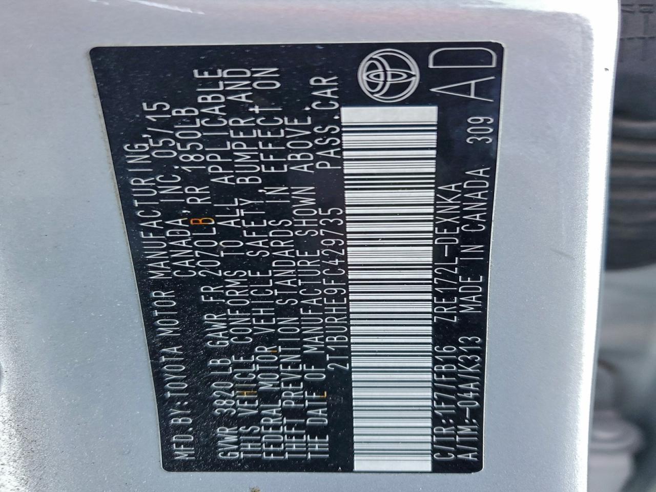 2015 Toyota Corolla L VIN: 2T1BURHE9FC429735 Lot: 94937695